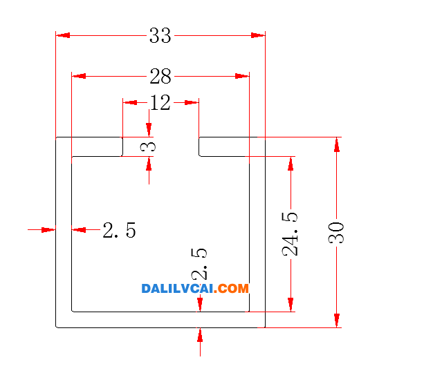 開口鋁方管成截面圖30mm*33mm*2.5mm