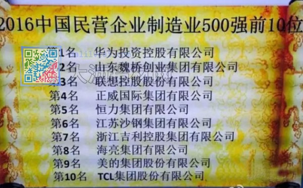 2016年中國民營企業(yè)制造業(yè)500強(qiáng)前10名