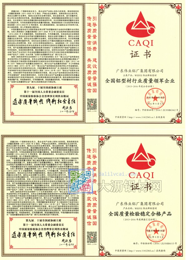 偉業(yè)鋁材所獲質(zhì)量體系兩大榮譽(yù)證書